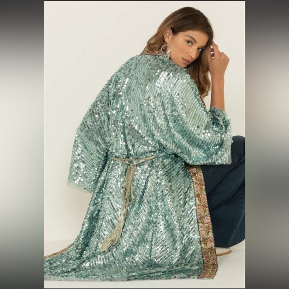 Free People “Light is Coming” Lined Sequin Kimono Cover Up Duster - size XS